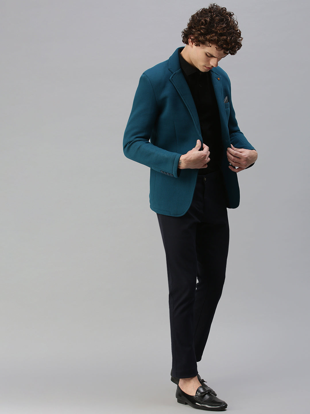 Men Turquoise Blue Solid Single Breasted Blazer