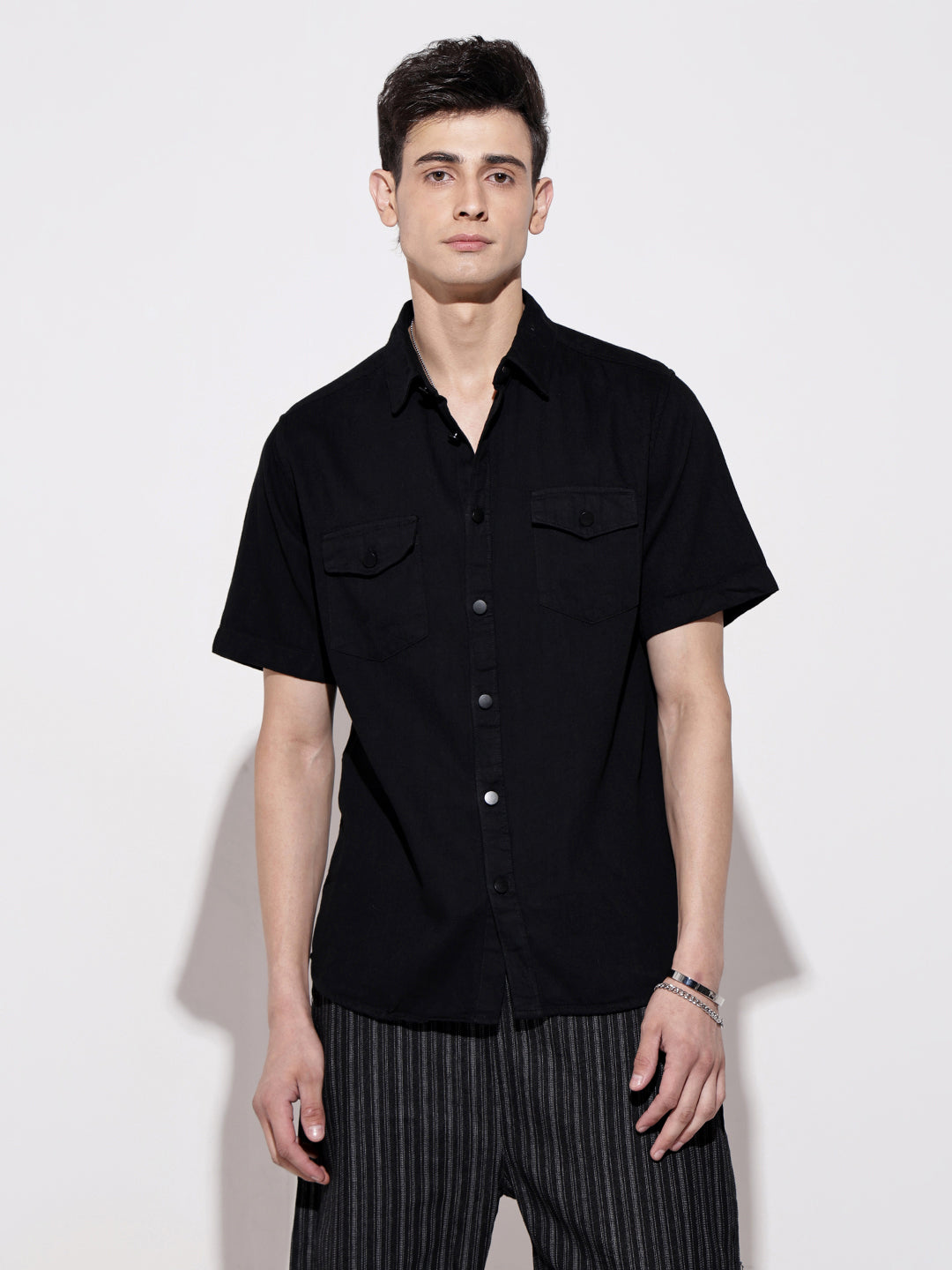 Men's Black Half Sleeve Casual Button-Down Shirt with Chest Pockets