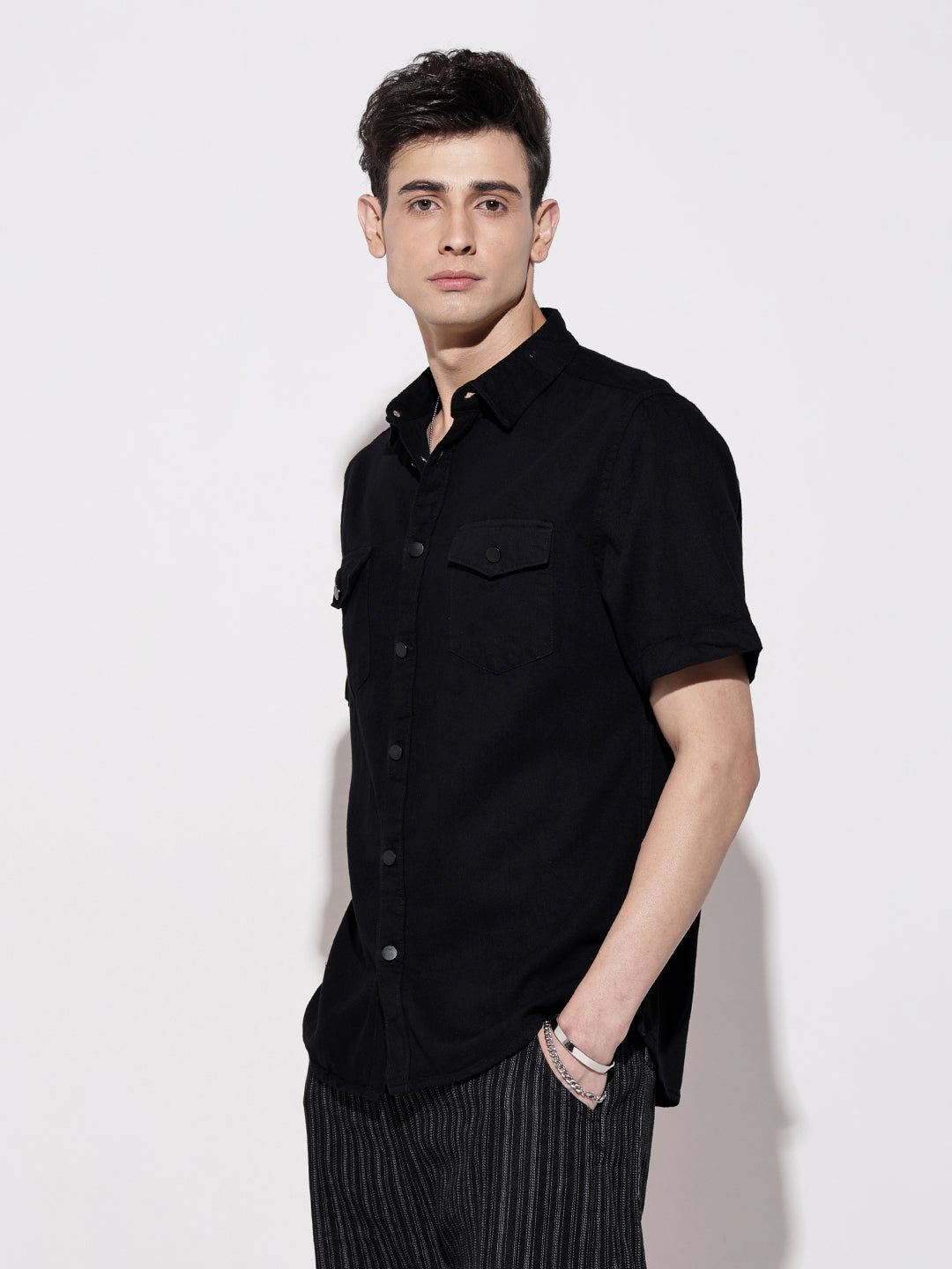 Men's Black Half Sleeve Casual Button-Down Shirt with Chest Pockets