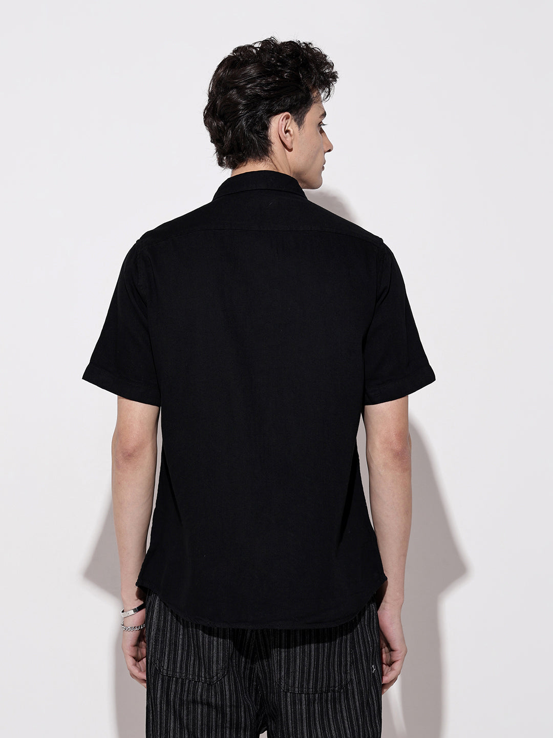 Men's Black Half Sleeve Casual Button-Down Shirt with Chest Pockets