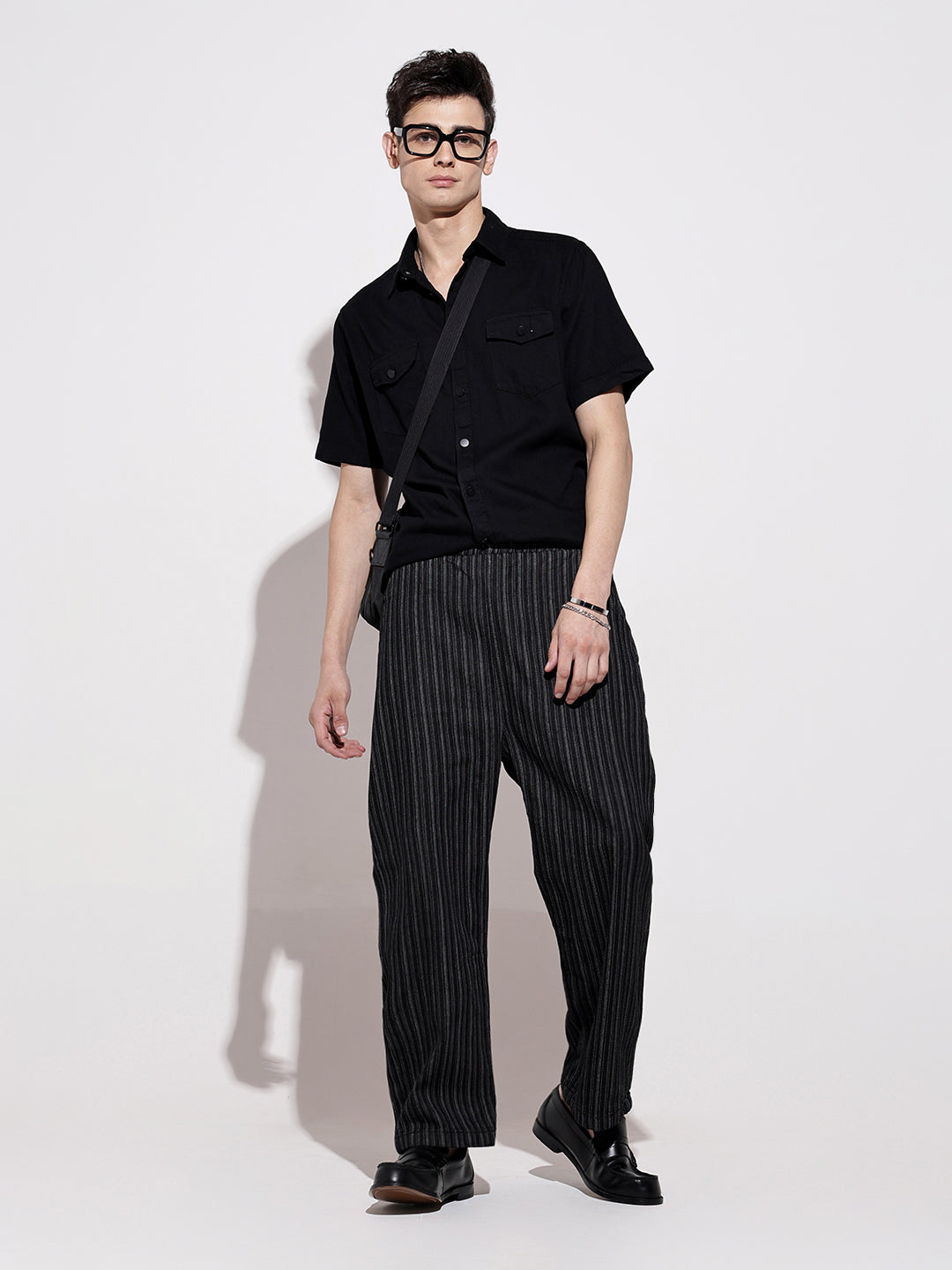 Men's Black Half Sleeve Casual Button-Down Shirt with Chest Pockets