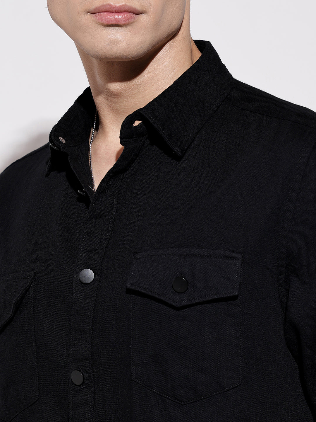 Men's Black Half Sleeve Casual Button-Down Shirt with Chest Pockets