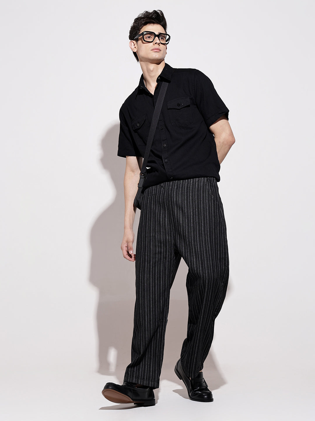 Men's Black Half Sleeve Casual Button-Down Shirt with Chest Pockets