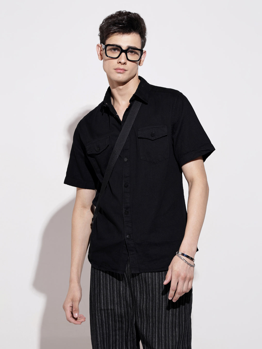 Men's Black Half Sleeve Casual Button-Down Shirt with Chest Pockets