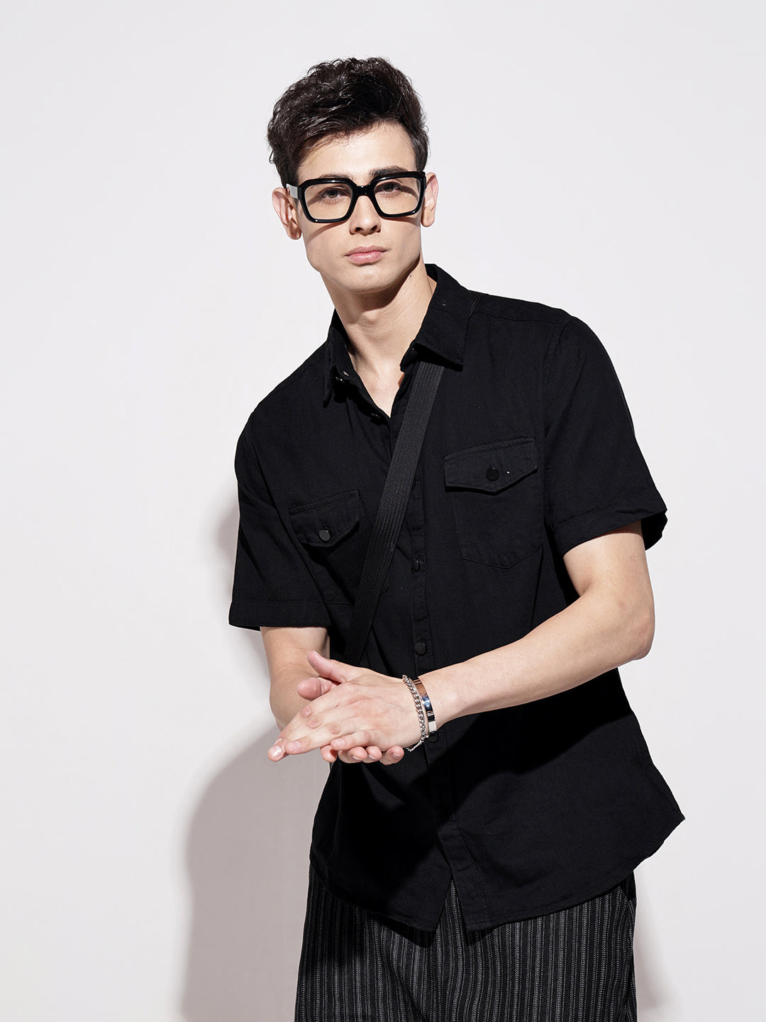 Men's Black Half Sleeve Casual Button-Down Shirt with Chest Pockets