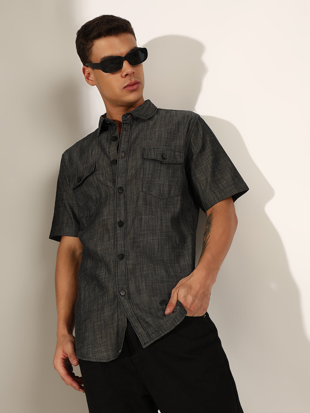 Men's Grey Half Sleeve Button Down Shirt with Chest Pockets