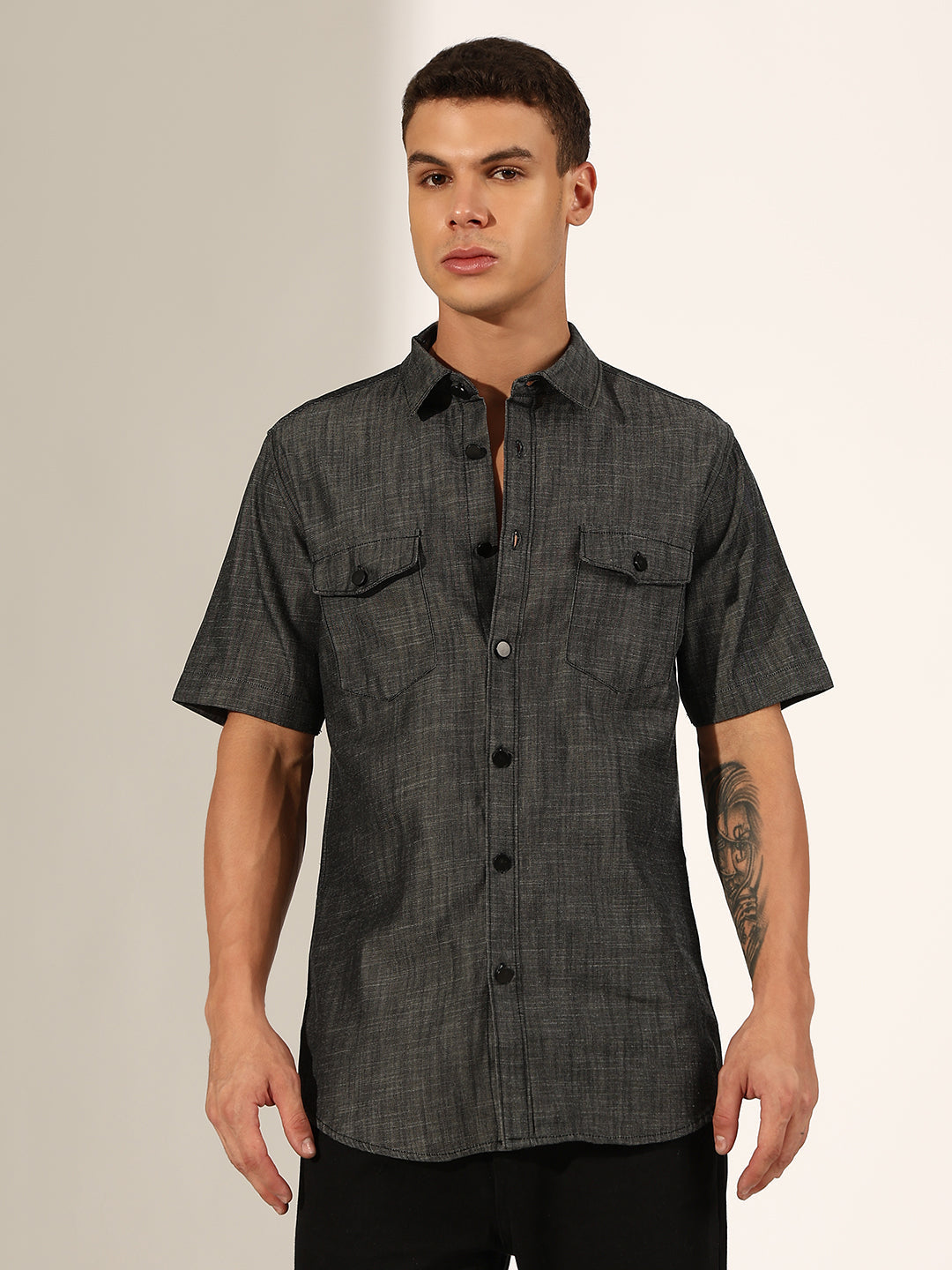 Men's Grey Half Sleeve Button Down Shirt with Chest Pockets