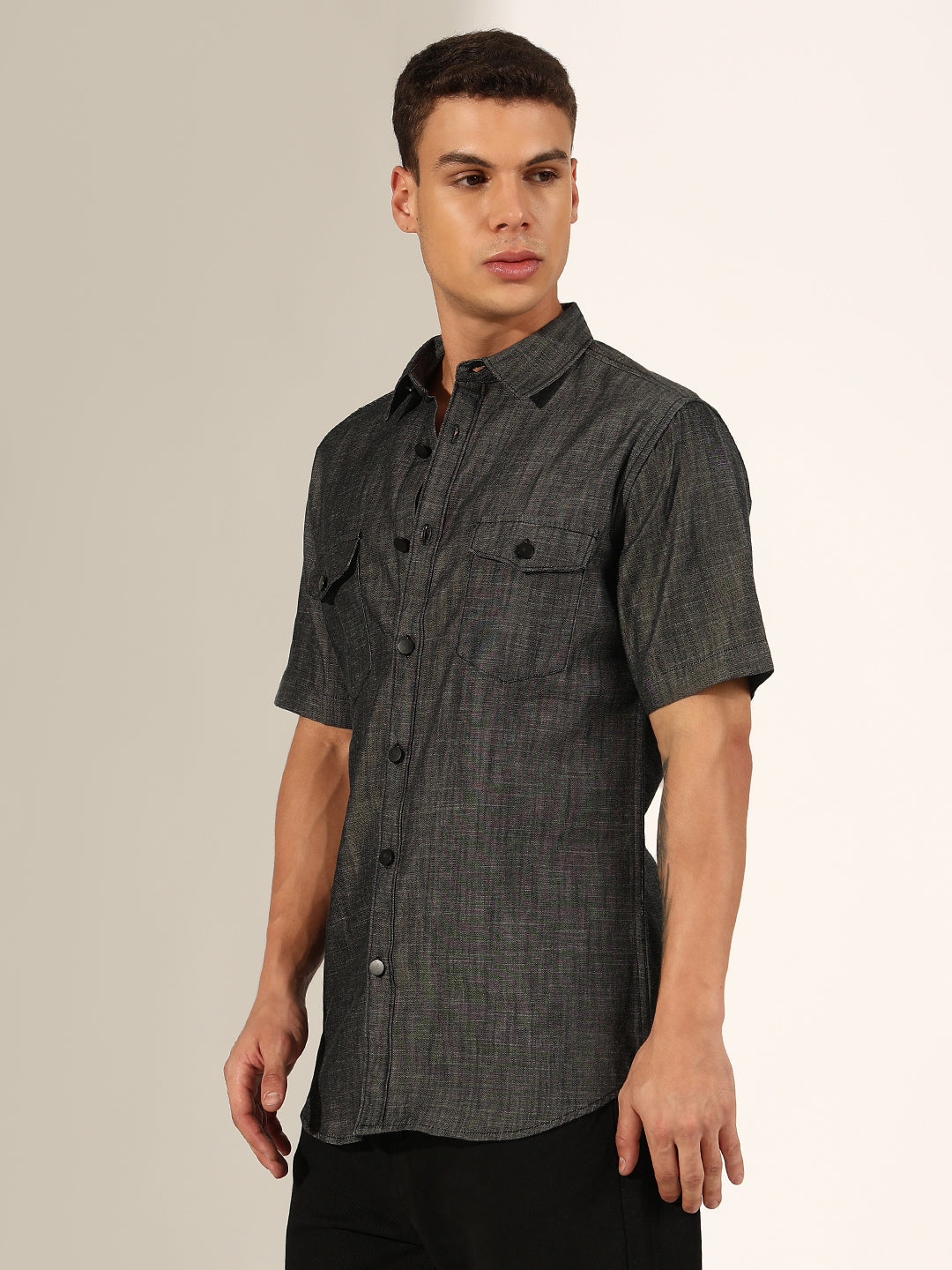 Men's Grey Half Sleeve Button Down Shirt with Chest Pockets
