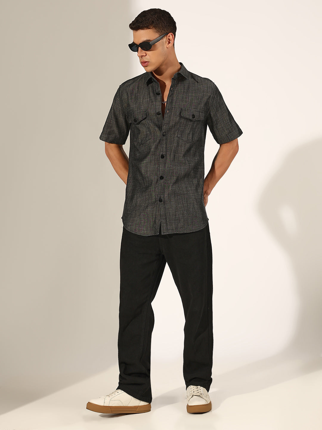 Men's Grey Half Sleeve Button Down Shirt with Chest Pockets