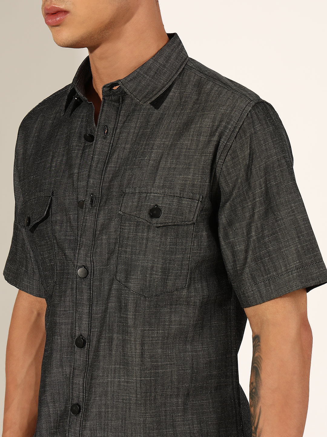 Men's Grey Half Sleeve Button Down Shirt with Chest Pockets