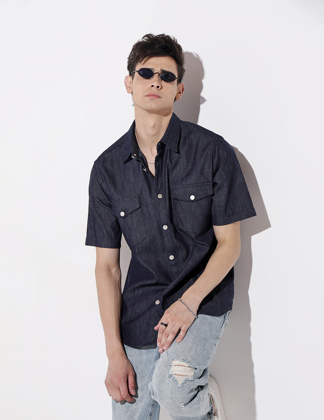 Men's Blue Half Sleeve Casual Button-Down Shirt with Chest Pockets