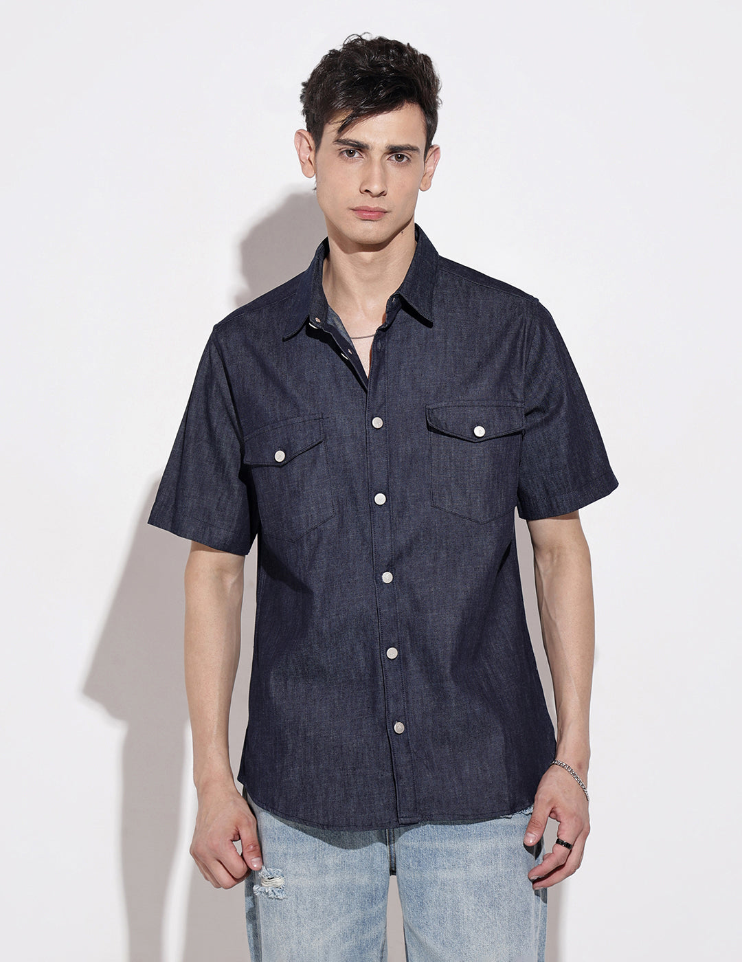 Men's Blue Half Sleeve Casual Button-Down Shirt with Chest Pockets