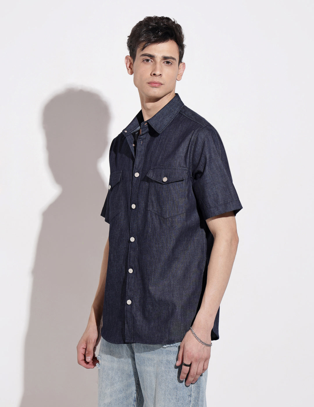 Men's Blue Half Sleeve Casual Button-Down Shirt with Chest Pockets