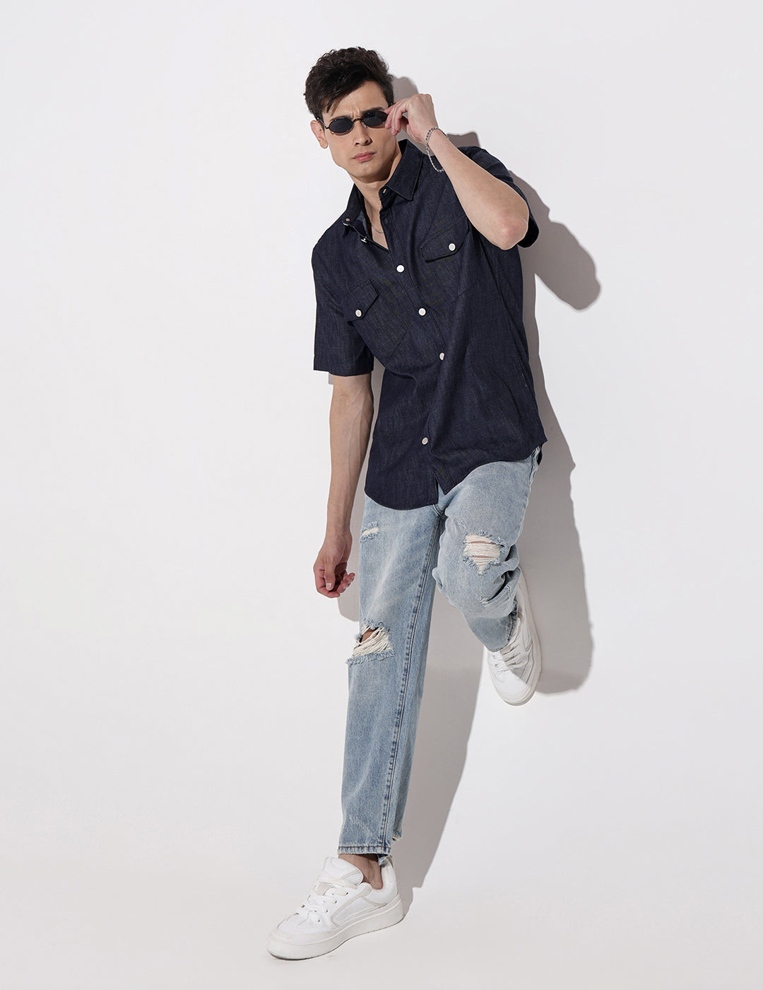 Men's Blue Half Sleeve Casual Button-Down Shirt with Chest Pockets