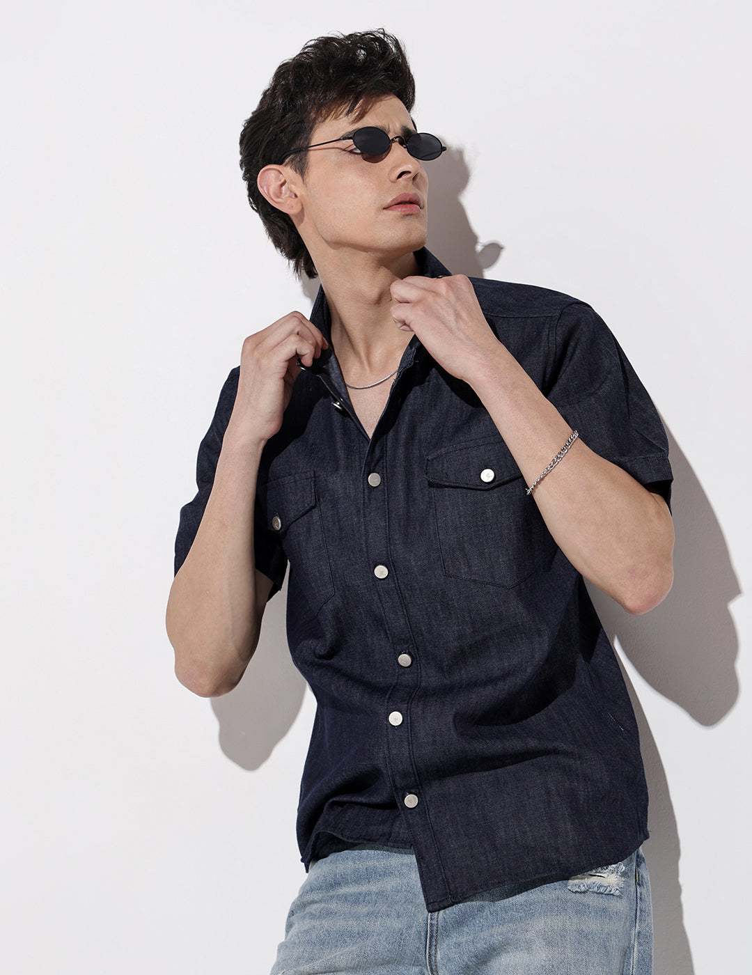 Men's Blue Half Sleeve Casual Button-Down Shirt with Chest Pockets