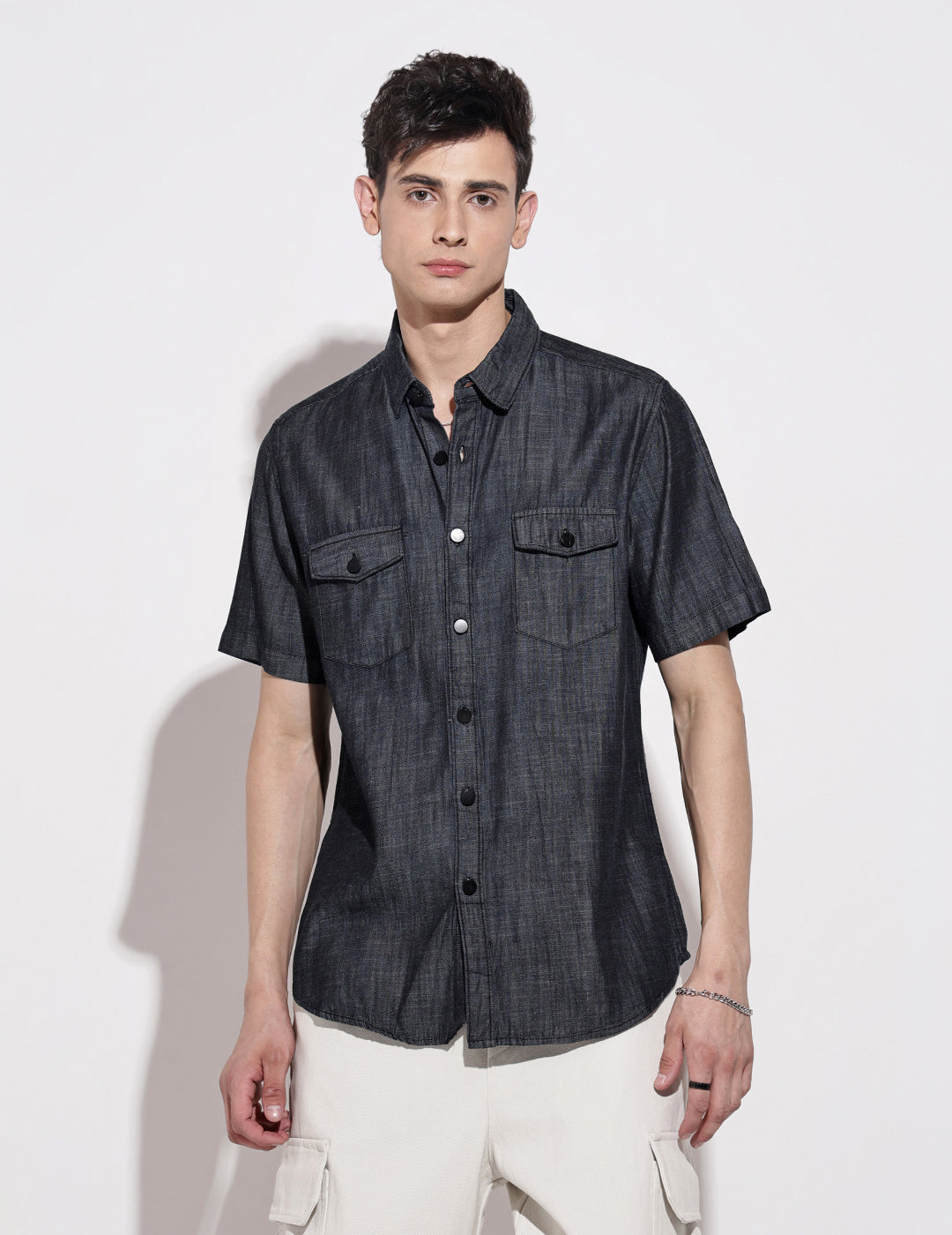 Men's Navy Blue Half Sleeve Casual Button-Down Shirt with Chest Pockets