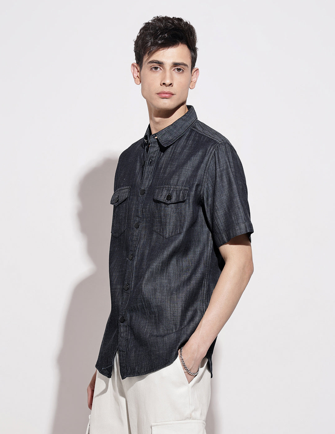 Men's Navy Blue Half Sleeve Casual Button-Down Shirt with Chest Pockets