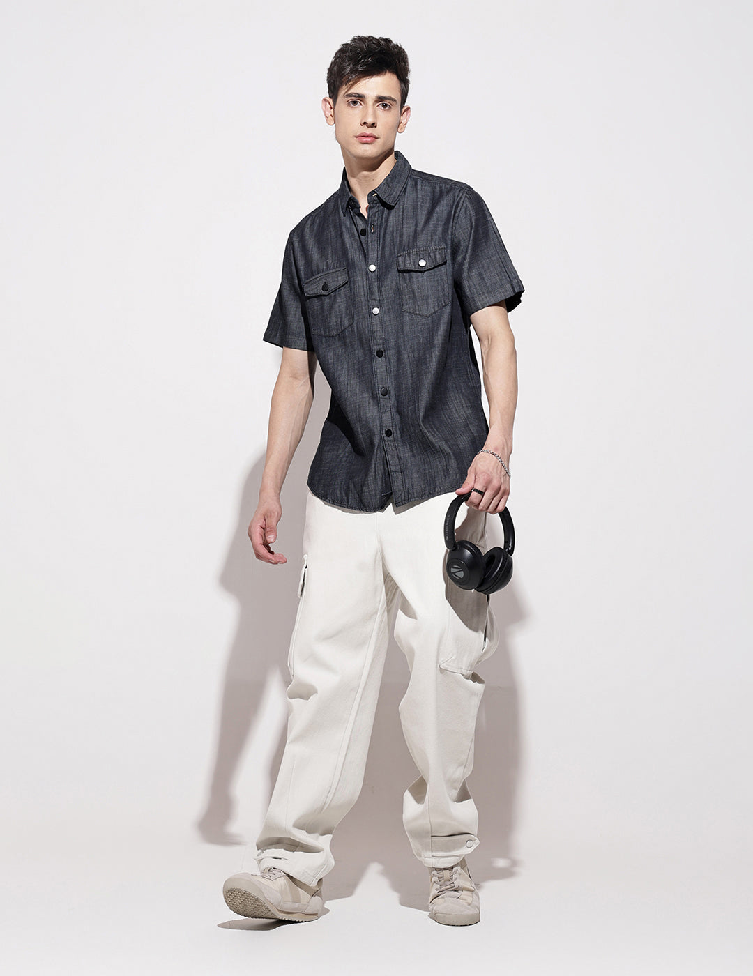 Men's Navy Blue Half Sleeve Casual Button-Down Shirt with Chest Pockets