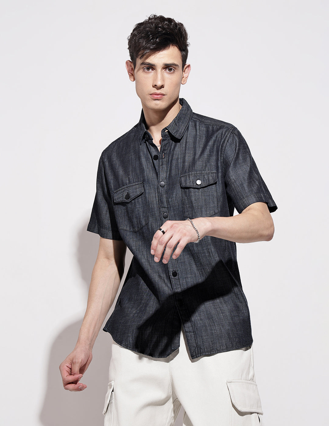 Men's Navy Blue Half Sleeve Casual Button-Down Shirt with Chest Pockets