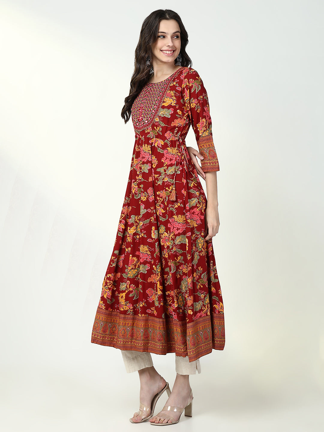 Women Red Floral Anarkali Kurta