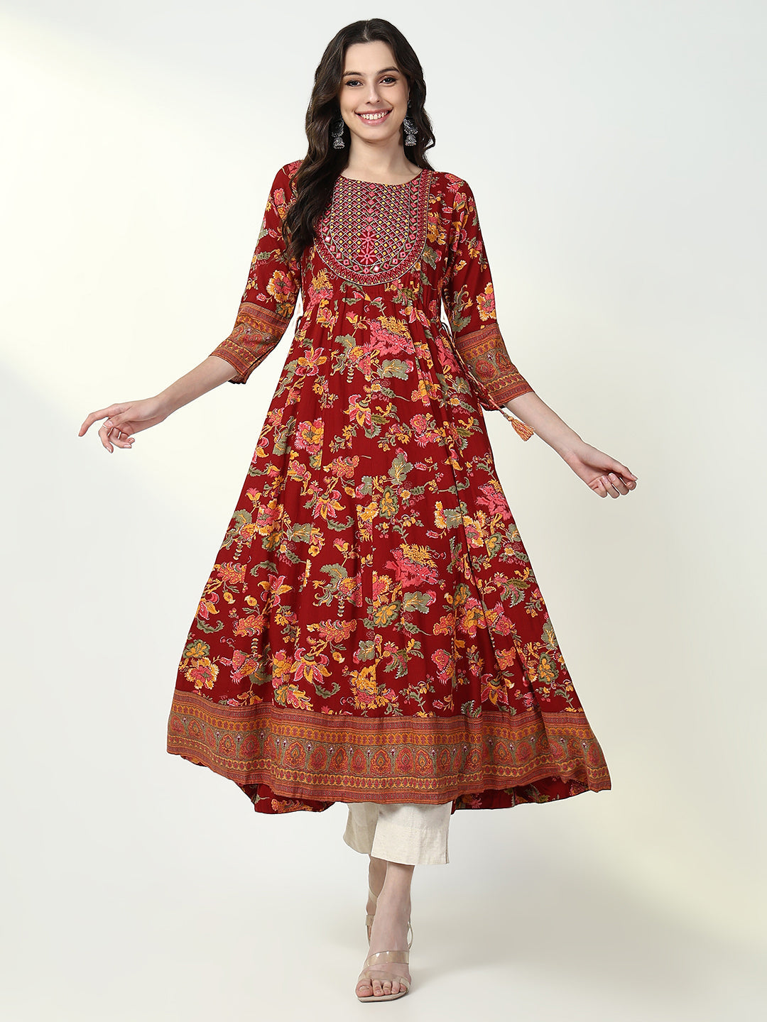 Women Red Floral Anarkali Kurta