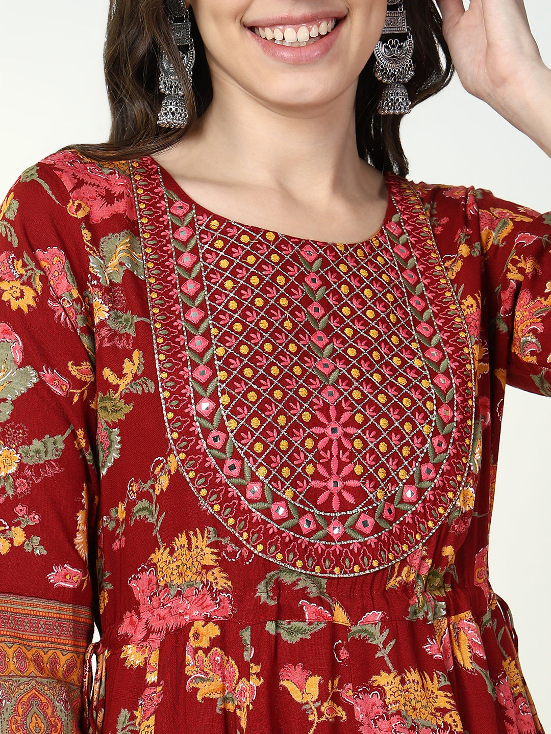 Women Red Floral Anarkali Kurta