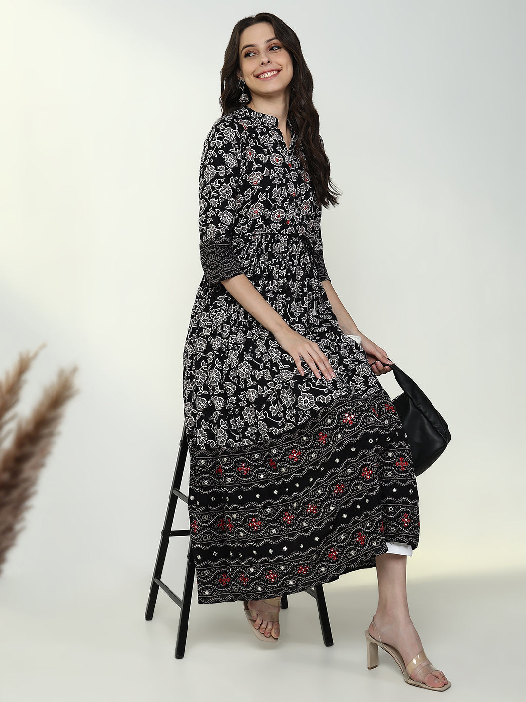 Women Black Floral Anarkali Kurta