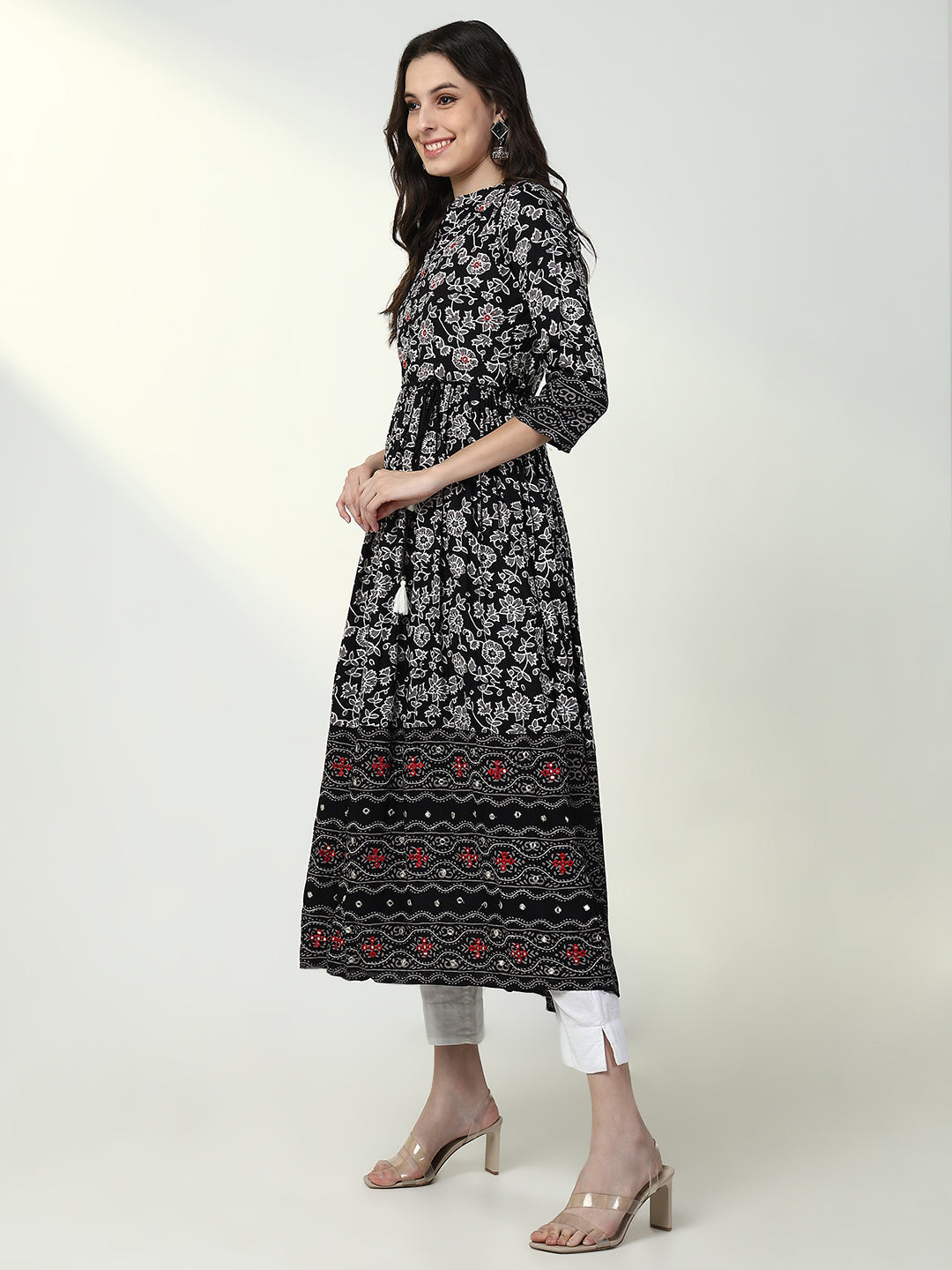 Women Black Floral Anarkali Kurta