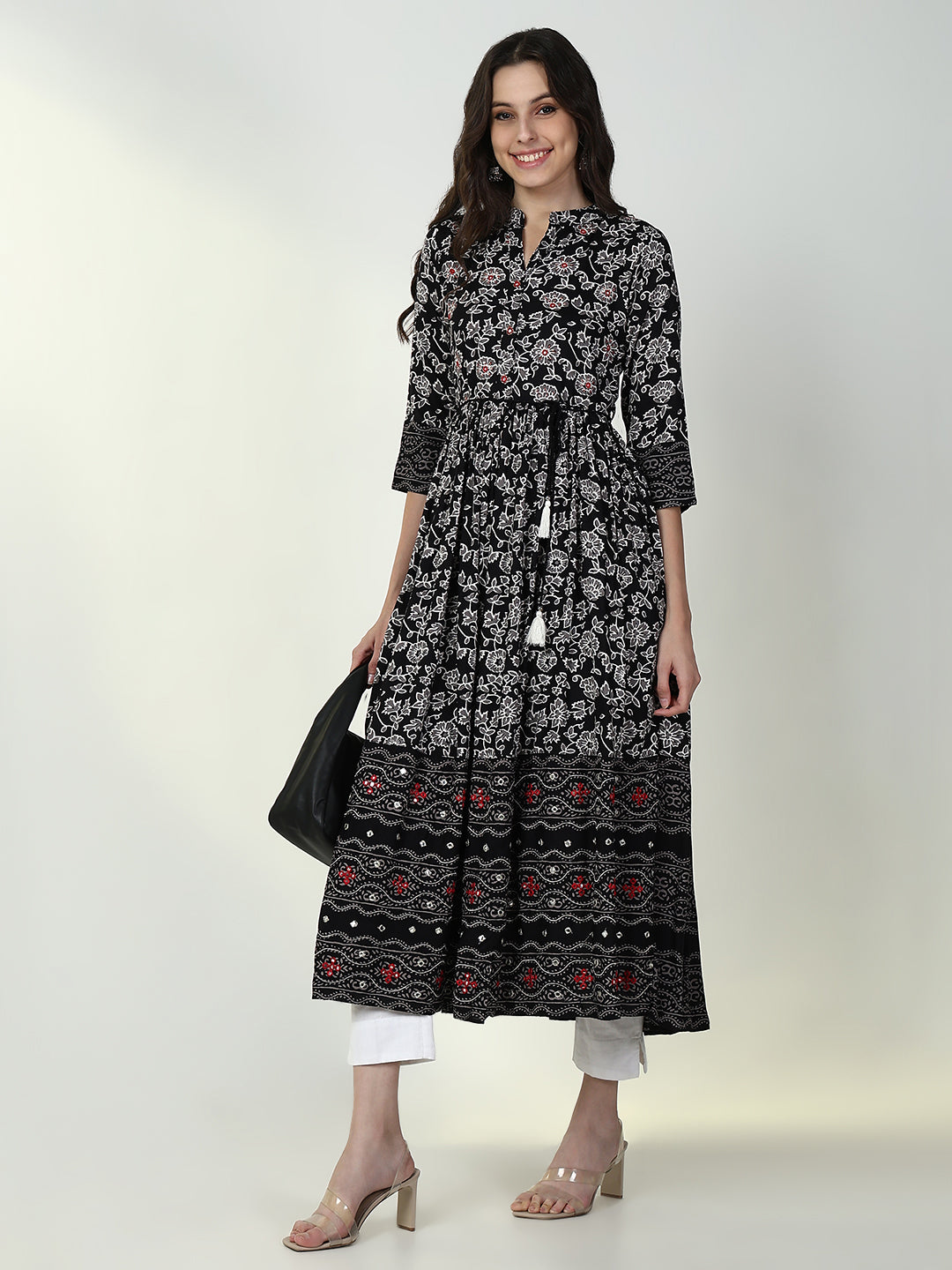 Women Black Floral Anarkali Kurta