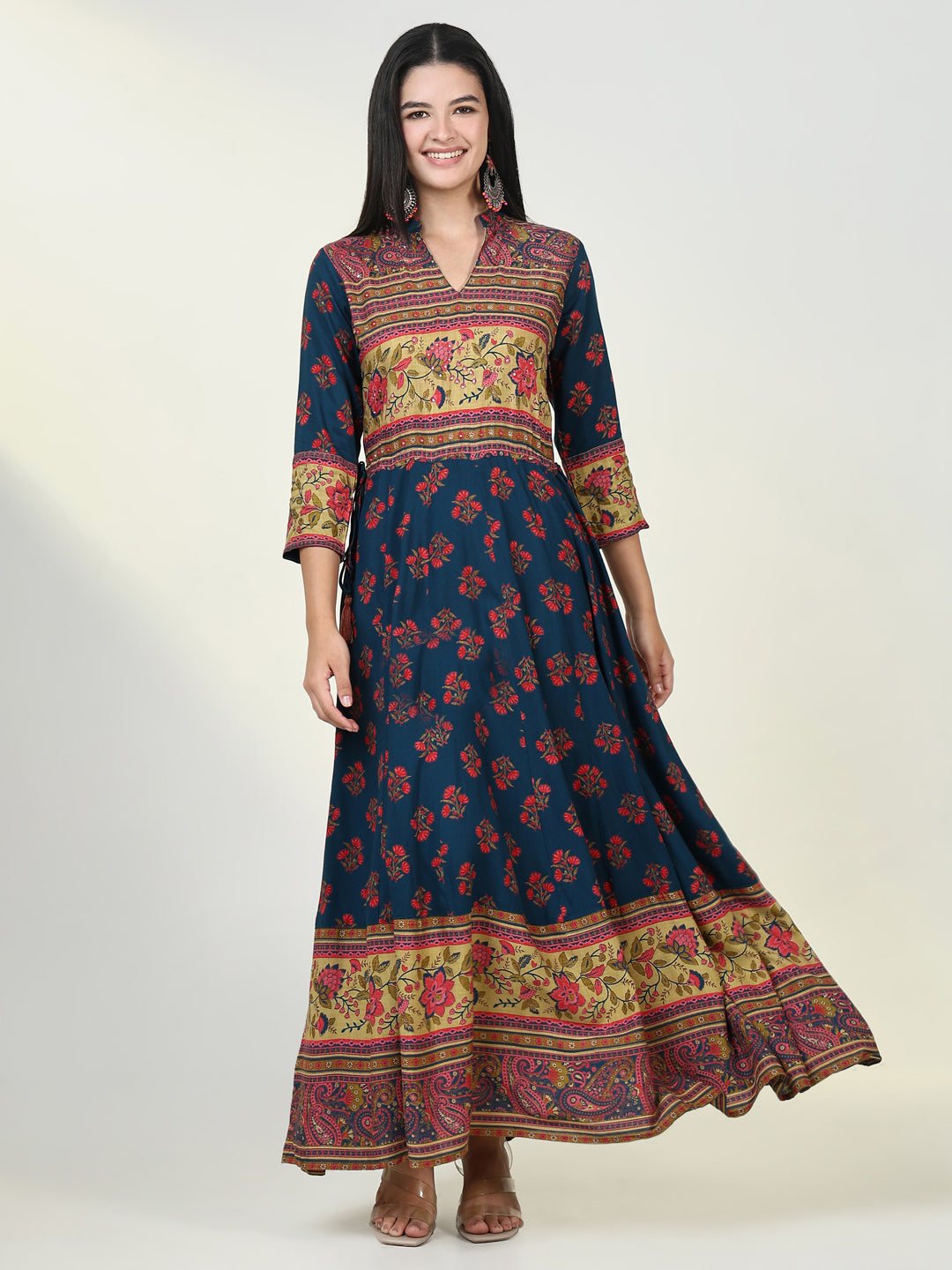 Women Floral Teal Anarkali Kurta