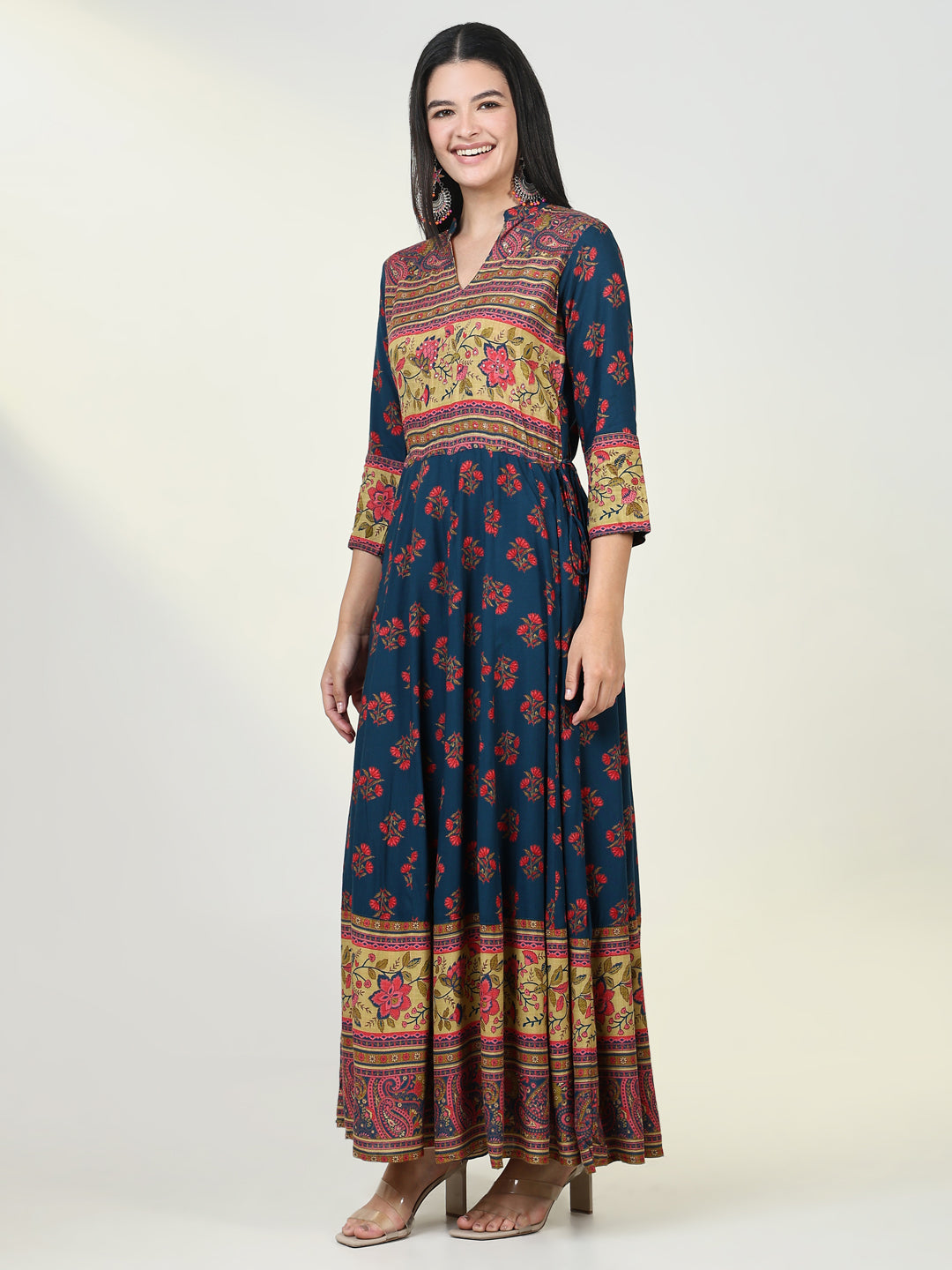 Women Floral Teal Anarkali Kurta