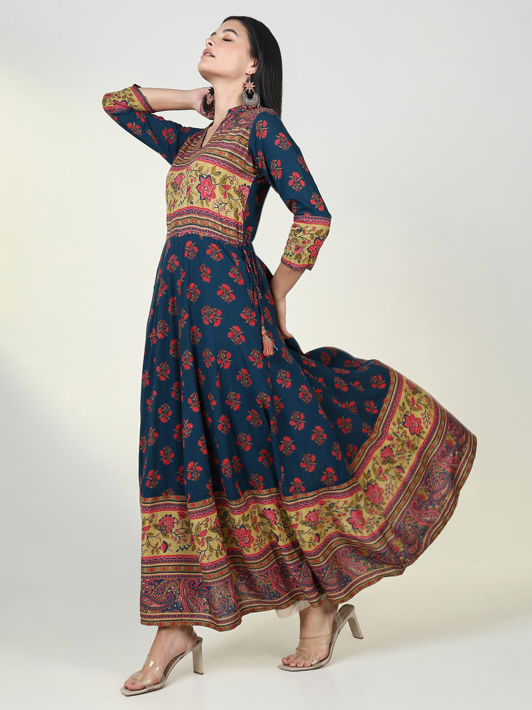 Women Floral Teal Anarkali Kurta