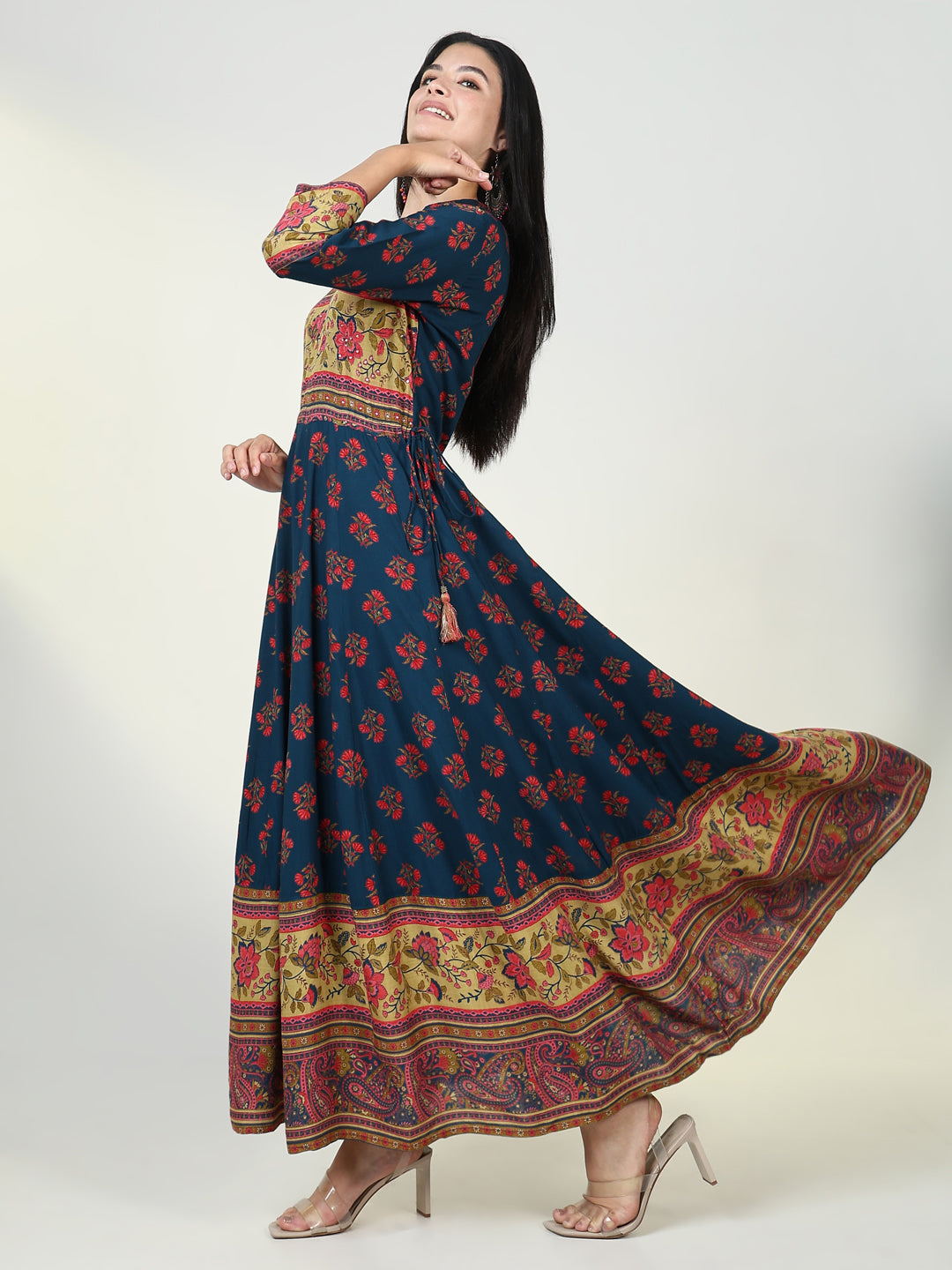 Women Floral Teal Anarkali Kurta