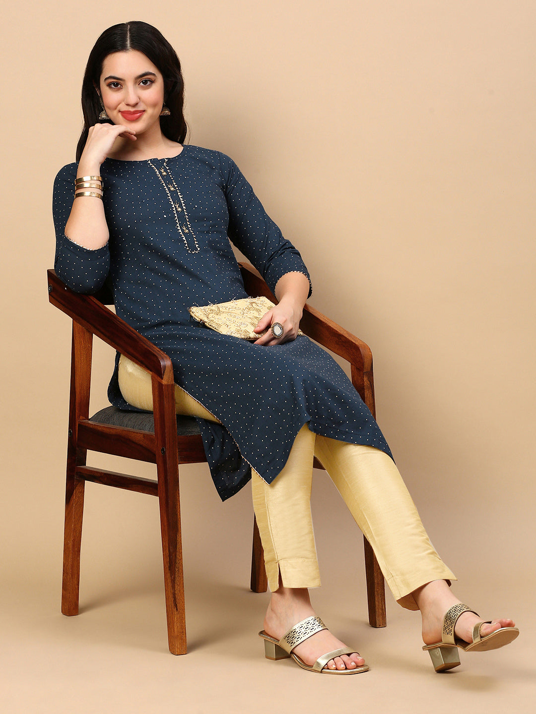 Women Teal Polka Dots Straight Kurta