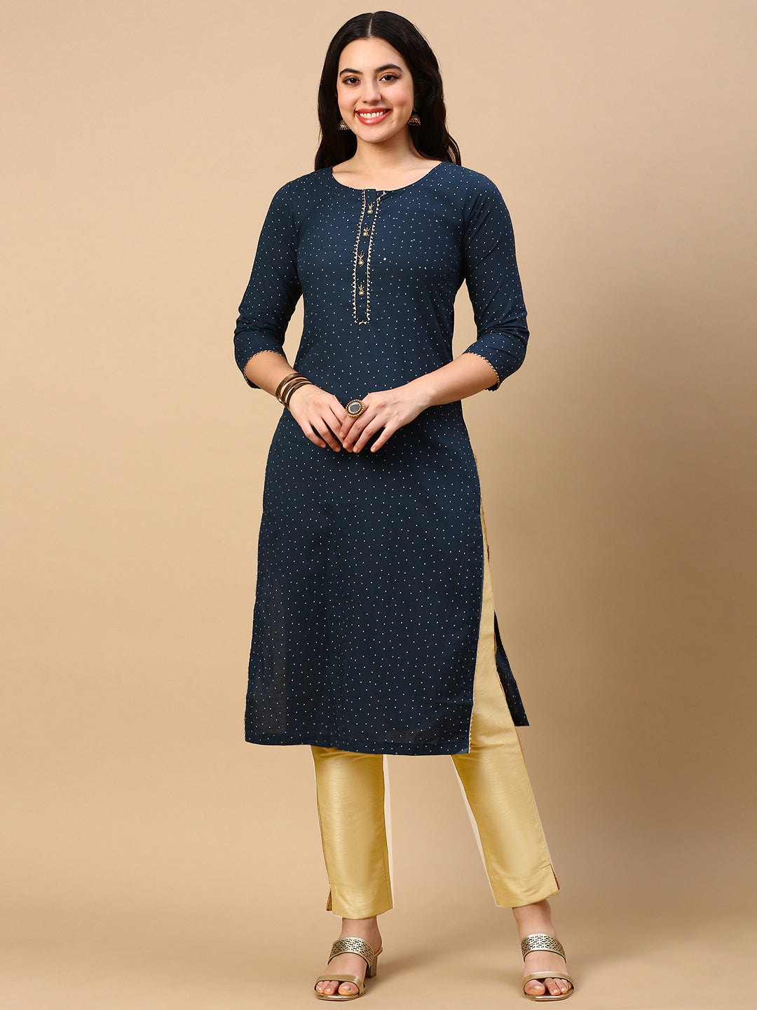 Women Teal Polka Dots Straight Kurta