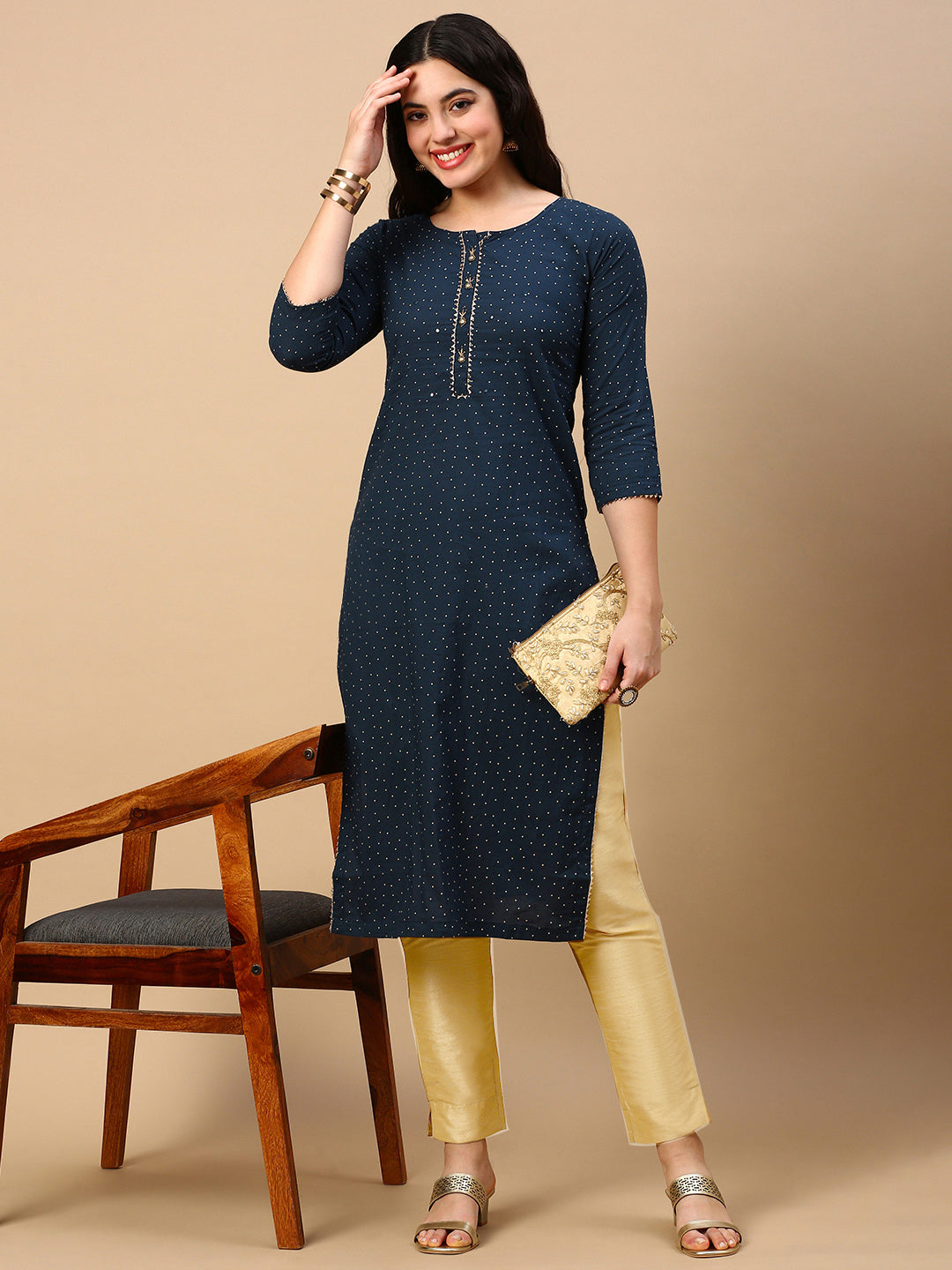 Women Teal Polka Dots Straight Kurta