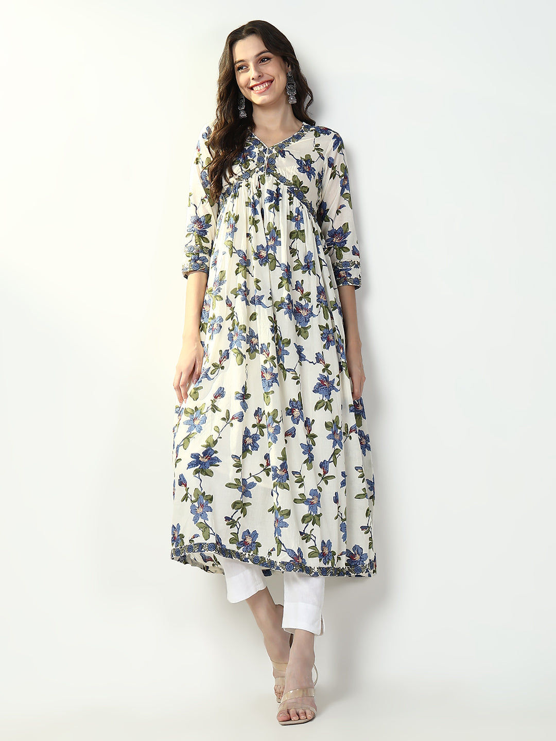 Women White Floral Anarkali Kurta