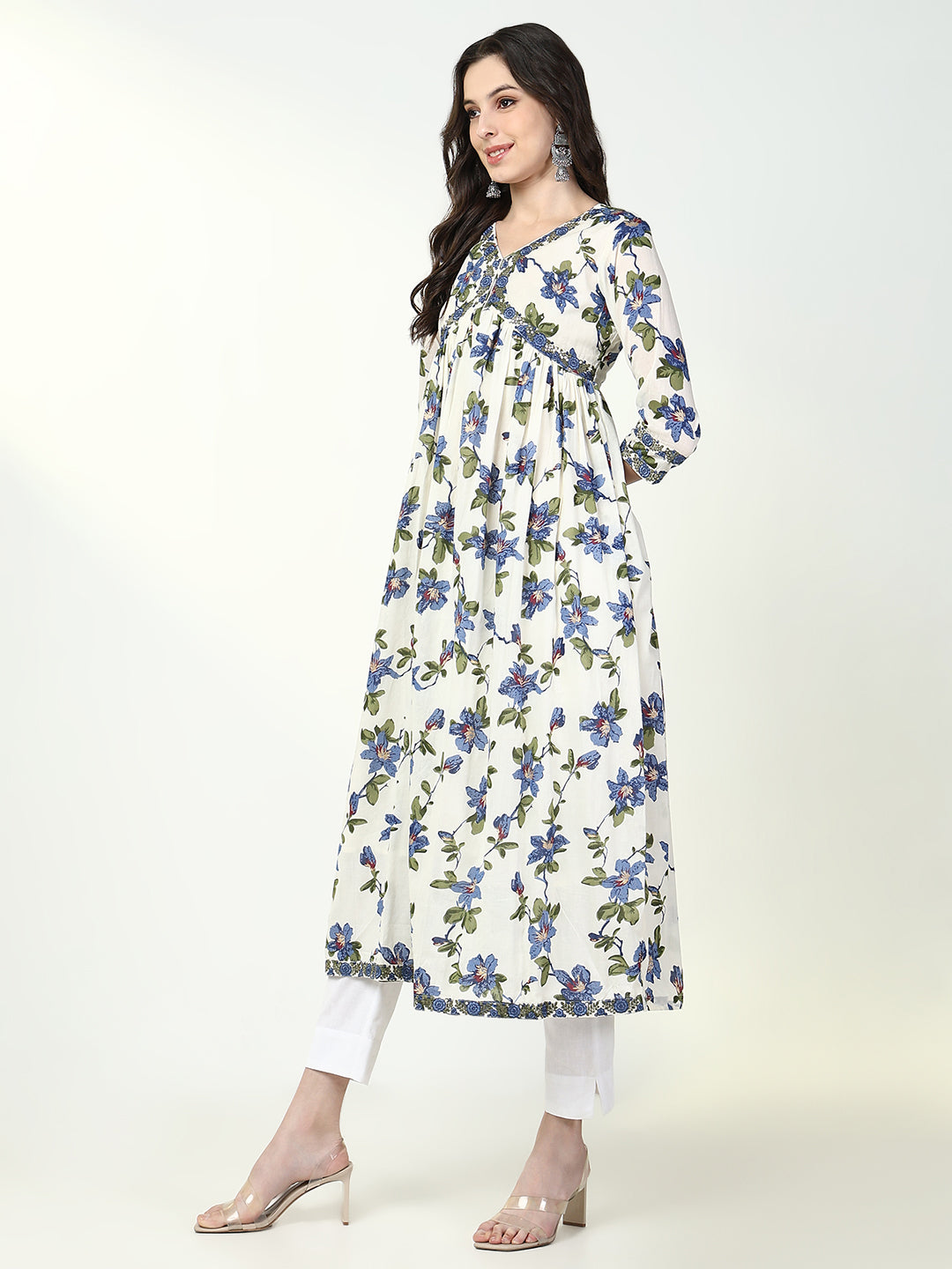 Women White Floral Anarkali Kurta