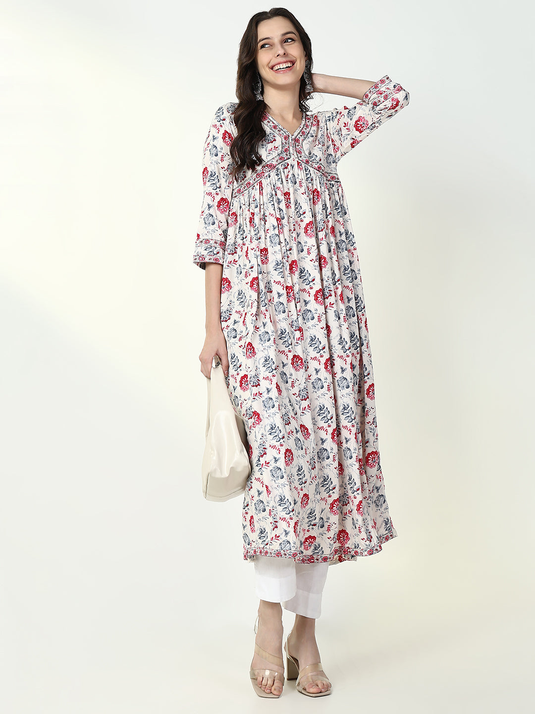 Women White Floral Anarkali Kurta