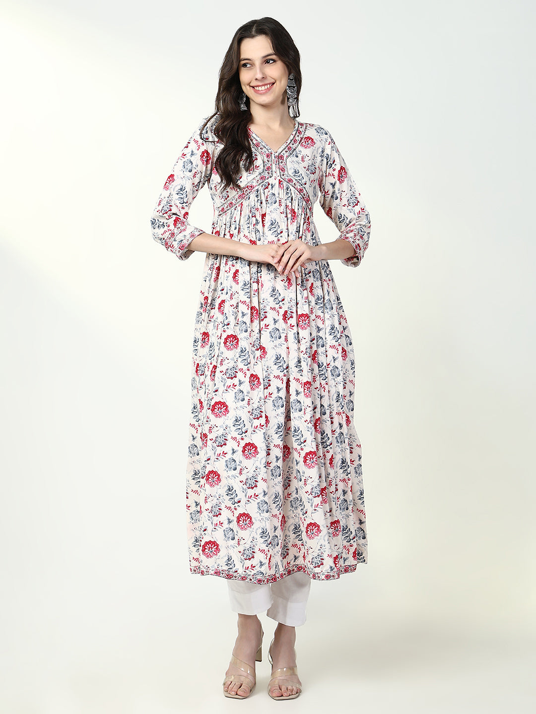 Women White Floral Anarkali Kurta