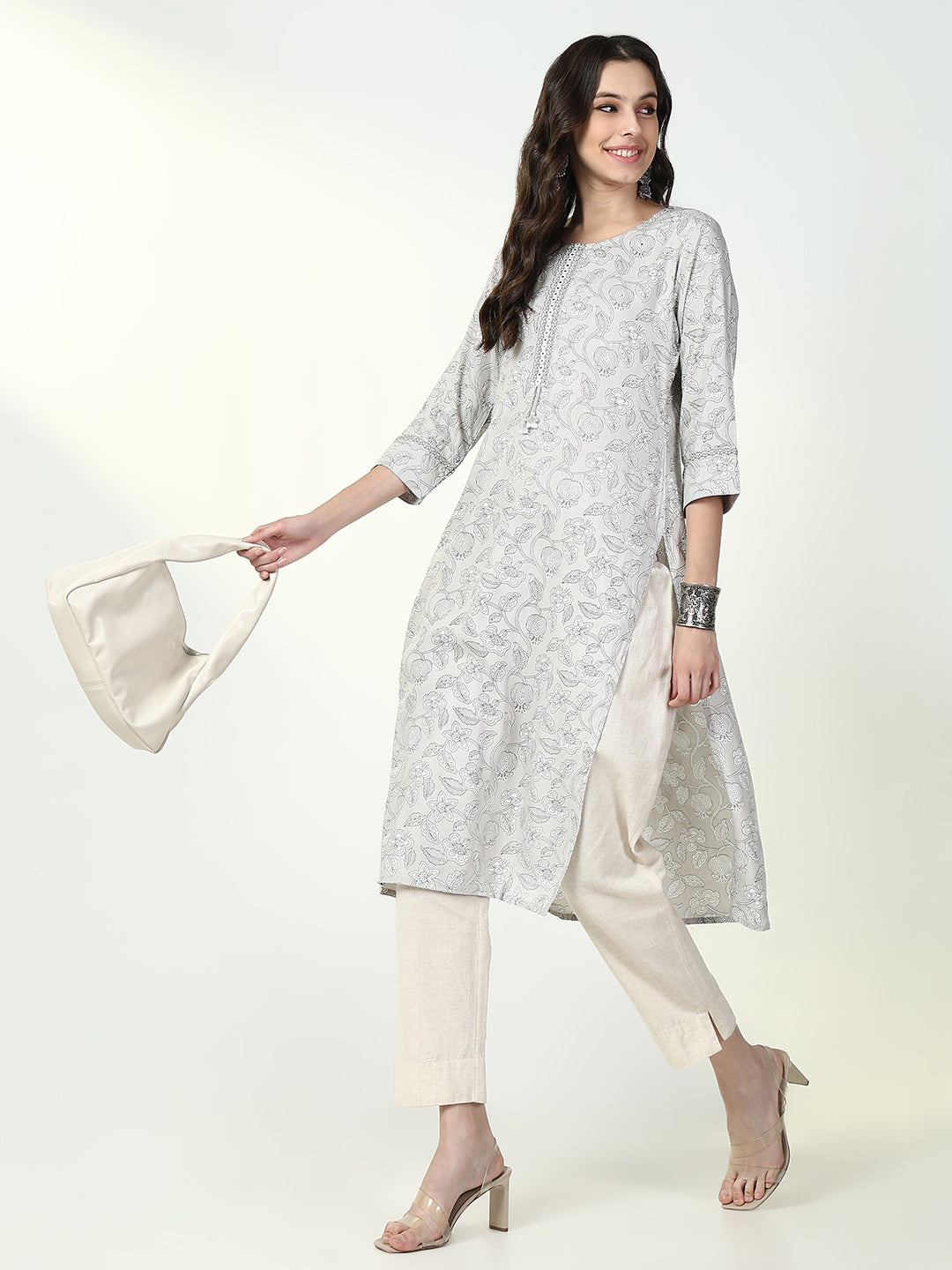 Women Grey Floral Straight Kurta