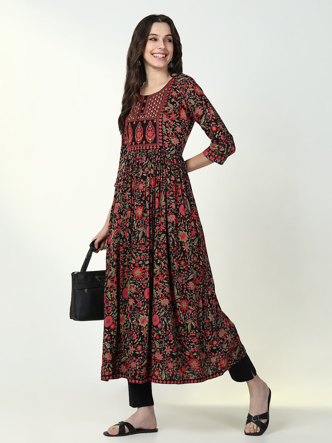 Women Black Floral Anarkali Kurta