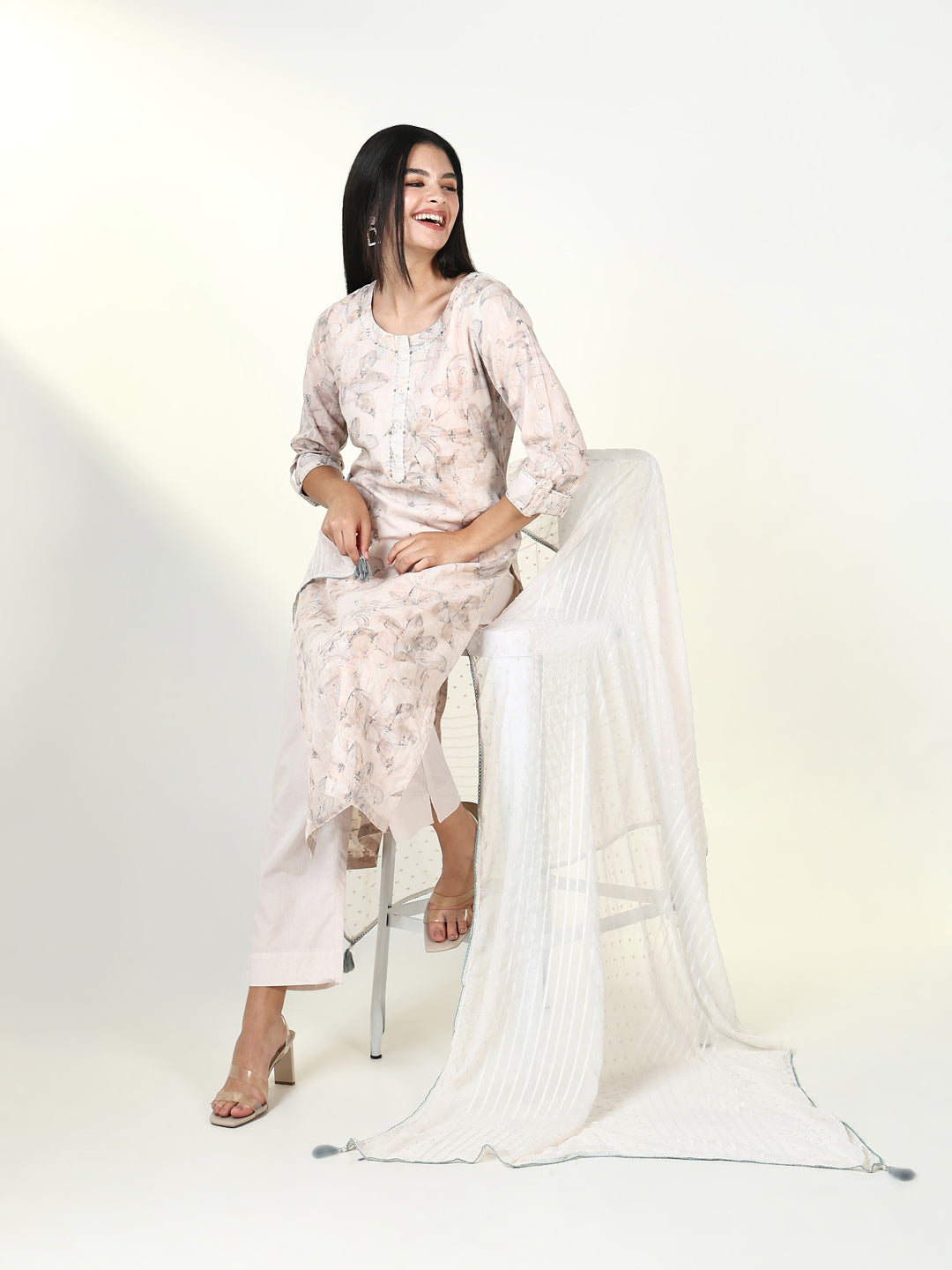 Women Floral Cream Kurta Set with Dupatta