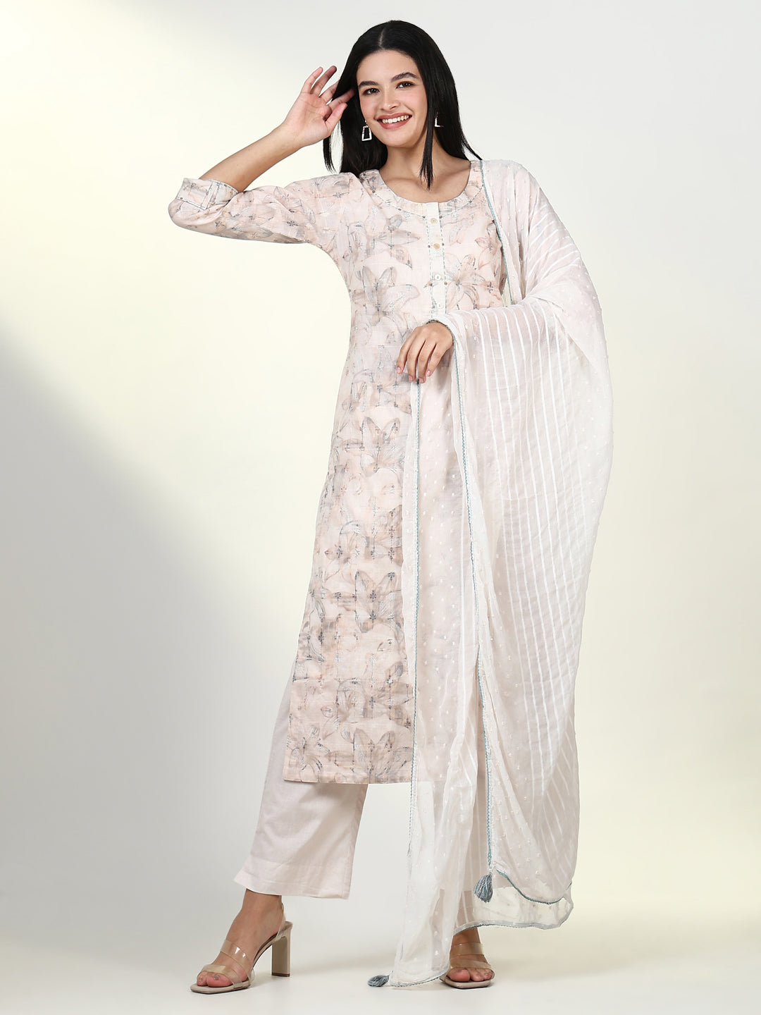 Women Floral Cream Kurta Set with Dupatta