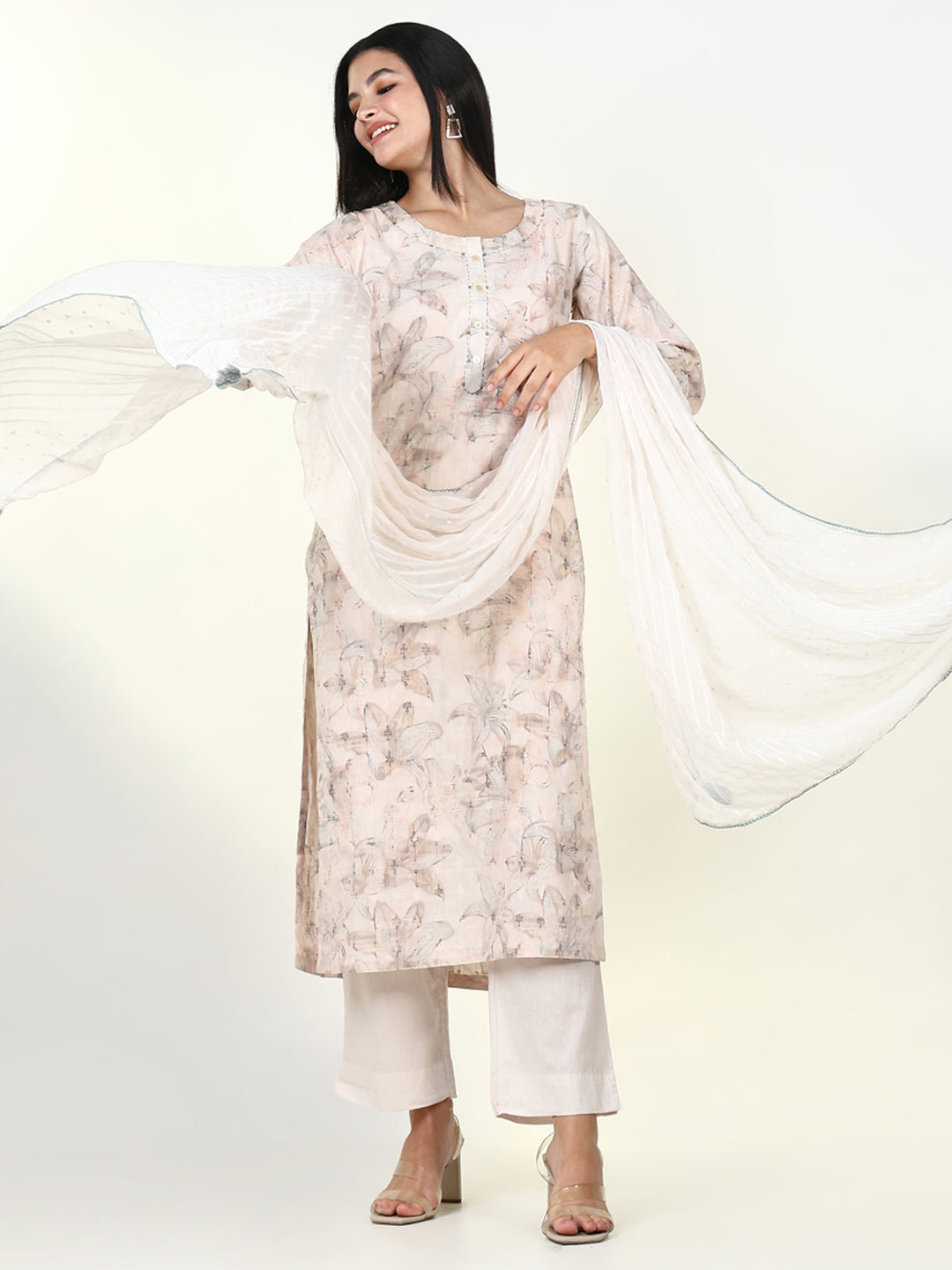 Women Floral Cream Kurta Set with Dupatta