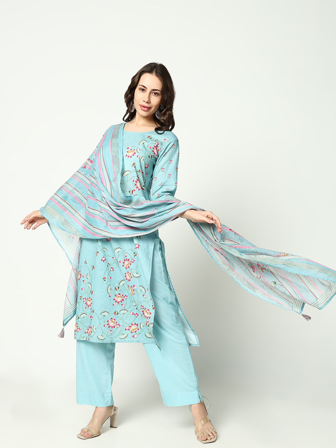 Women Floral Blue Kurta Set with Dupatta