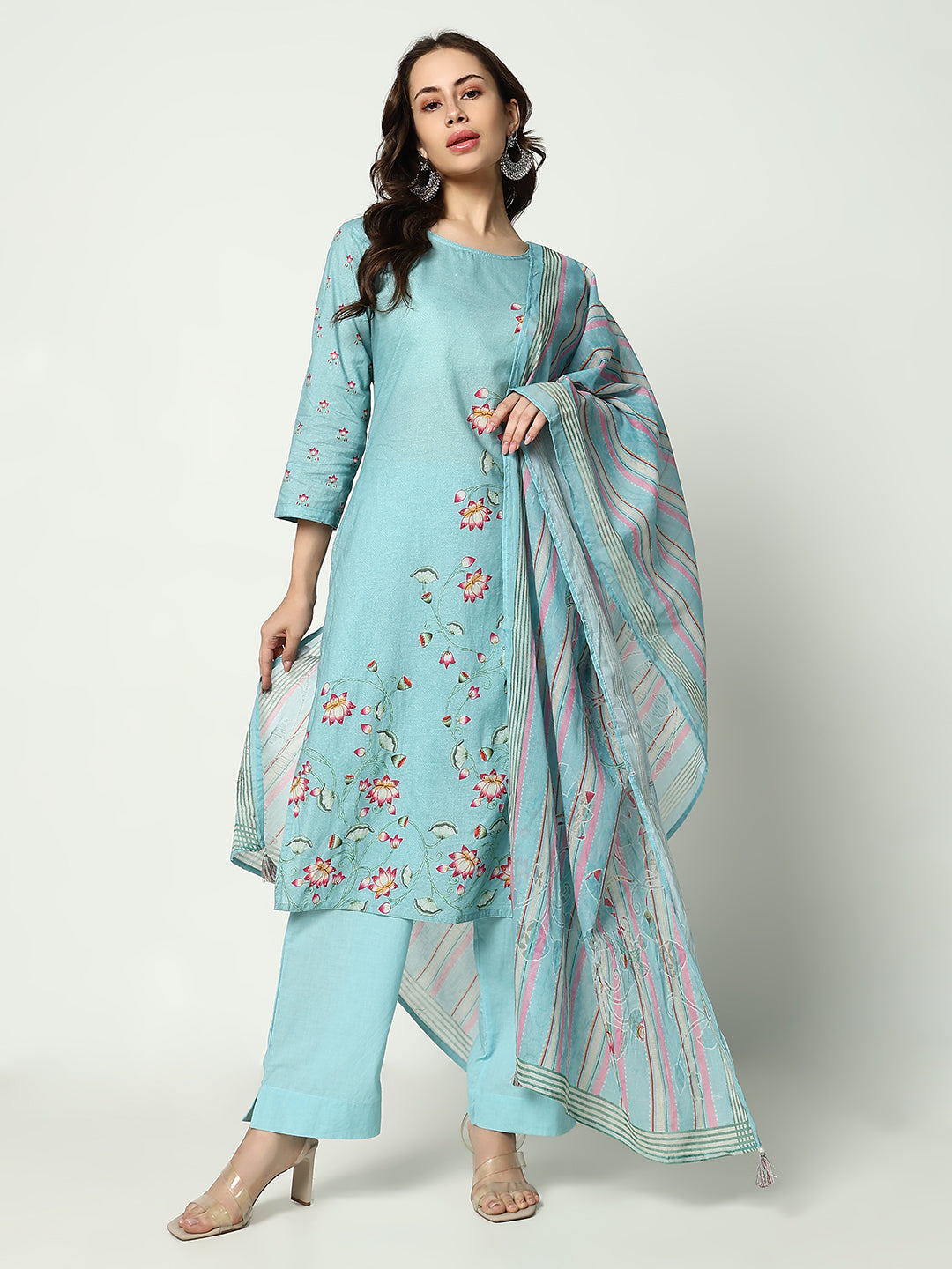 Women Floral Blue Kurta Set with Dupatta