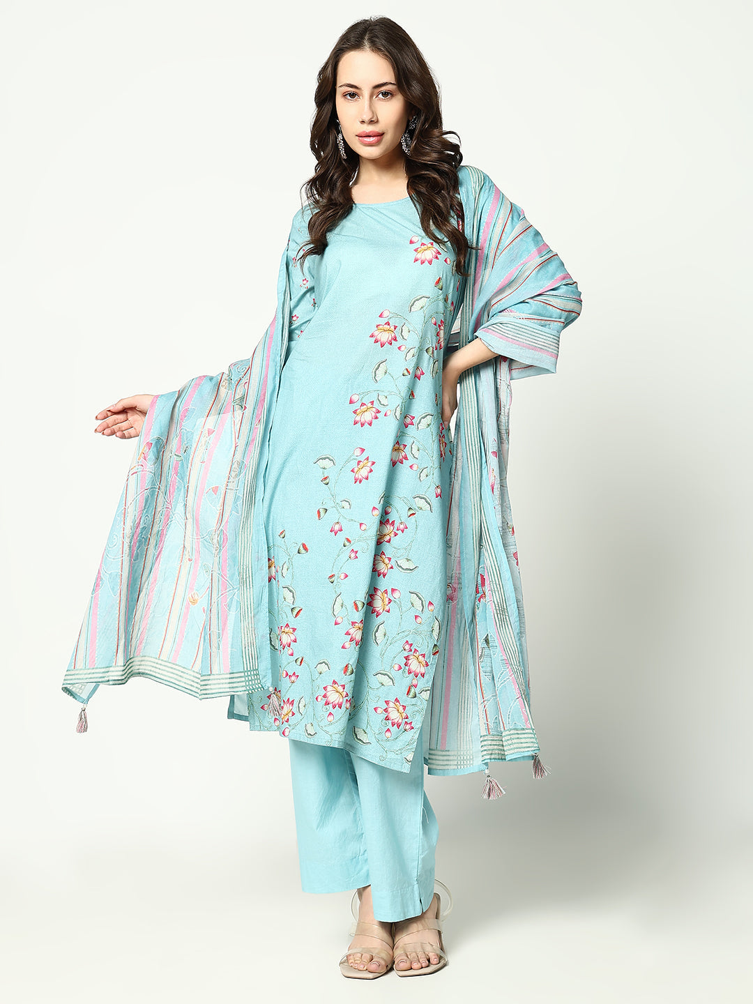 Women Floral Blue Kurta Set with Dupatta