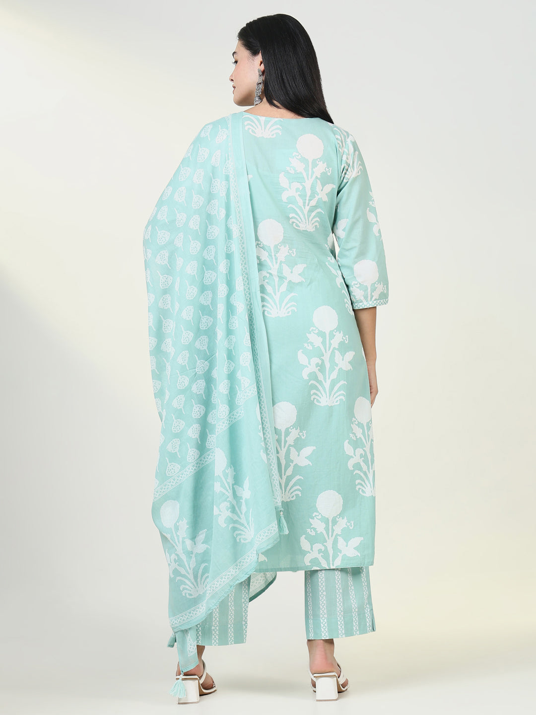 Women Graphic Sea Green Kurta Set with Dupatta