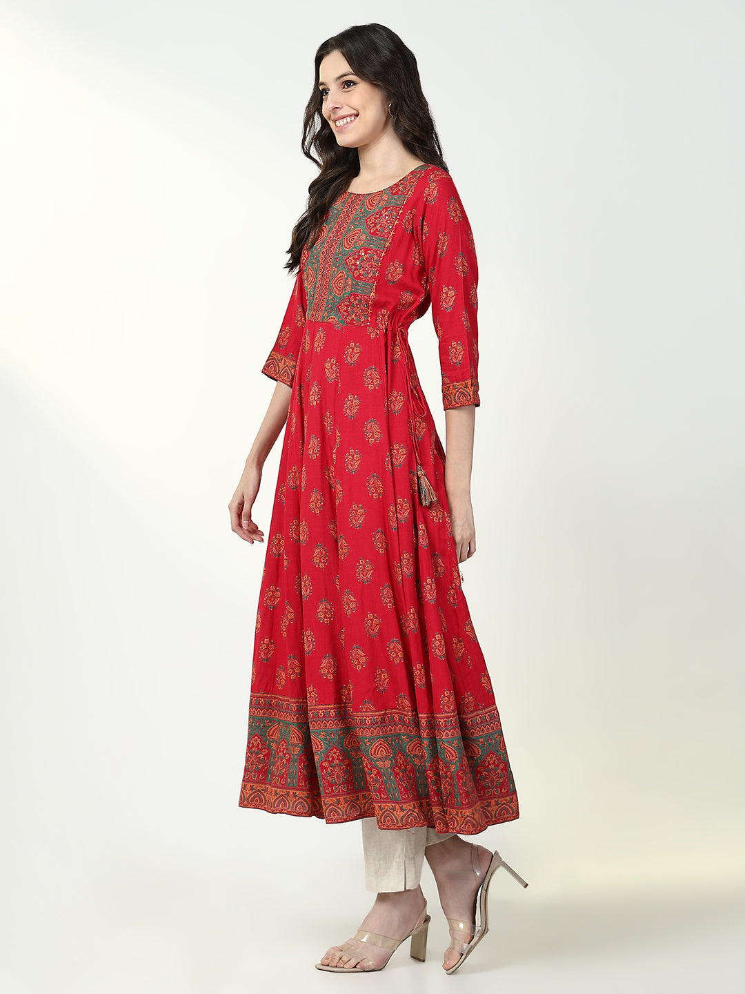 Women's Red Floral Anarkali Kurta